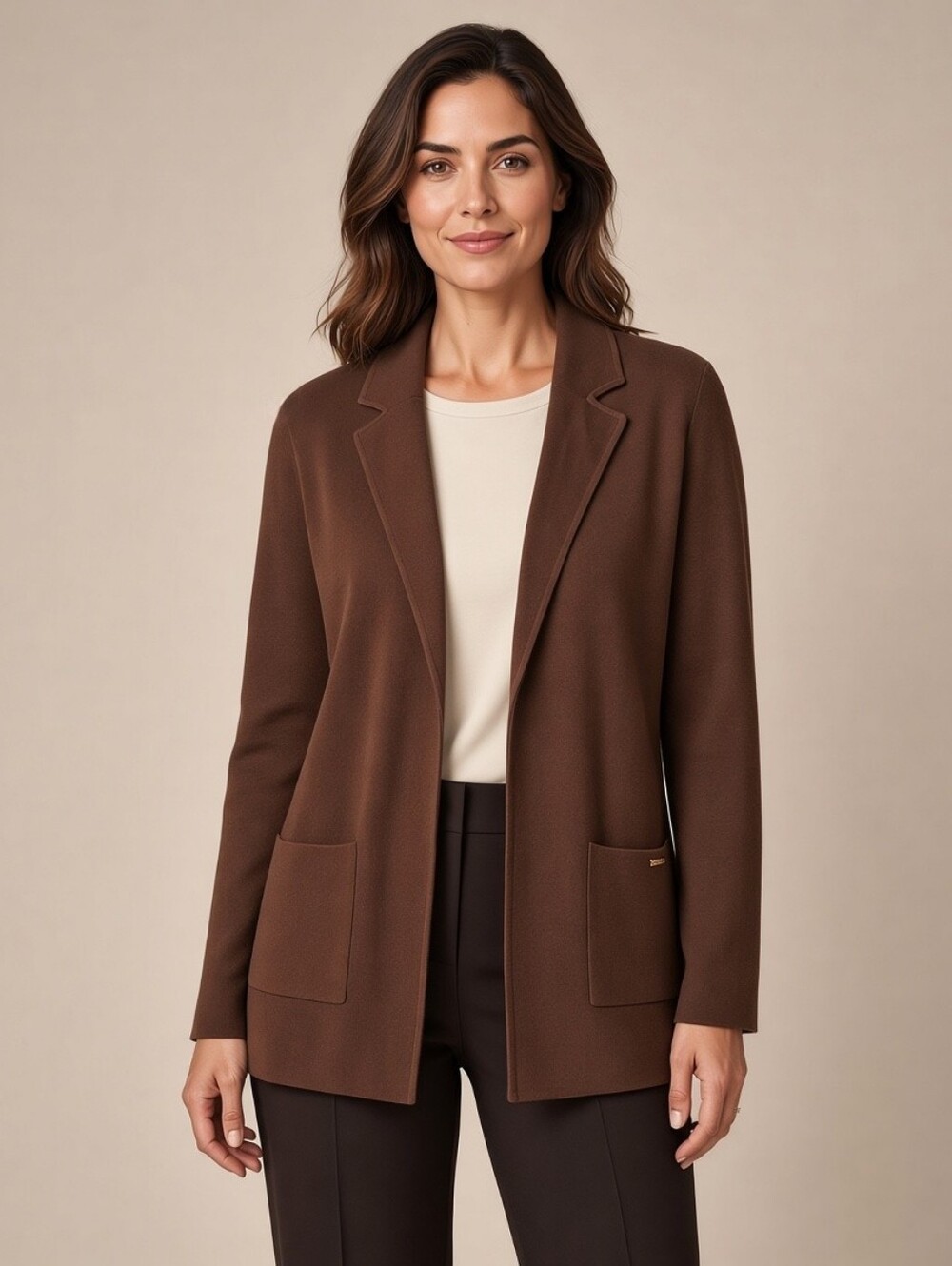 KASPER Brown Knit Cotton Blend Cardigan‑Style L Blazer Neutral Soft Office